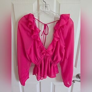 Lulu's Fuchsia Ruffle V-Neck Blouse